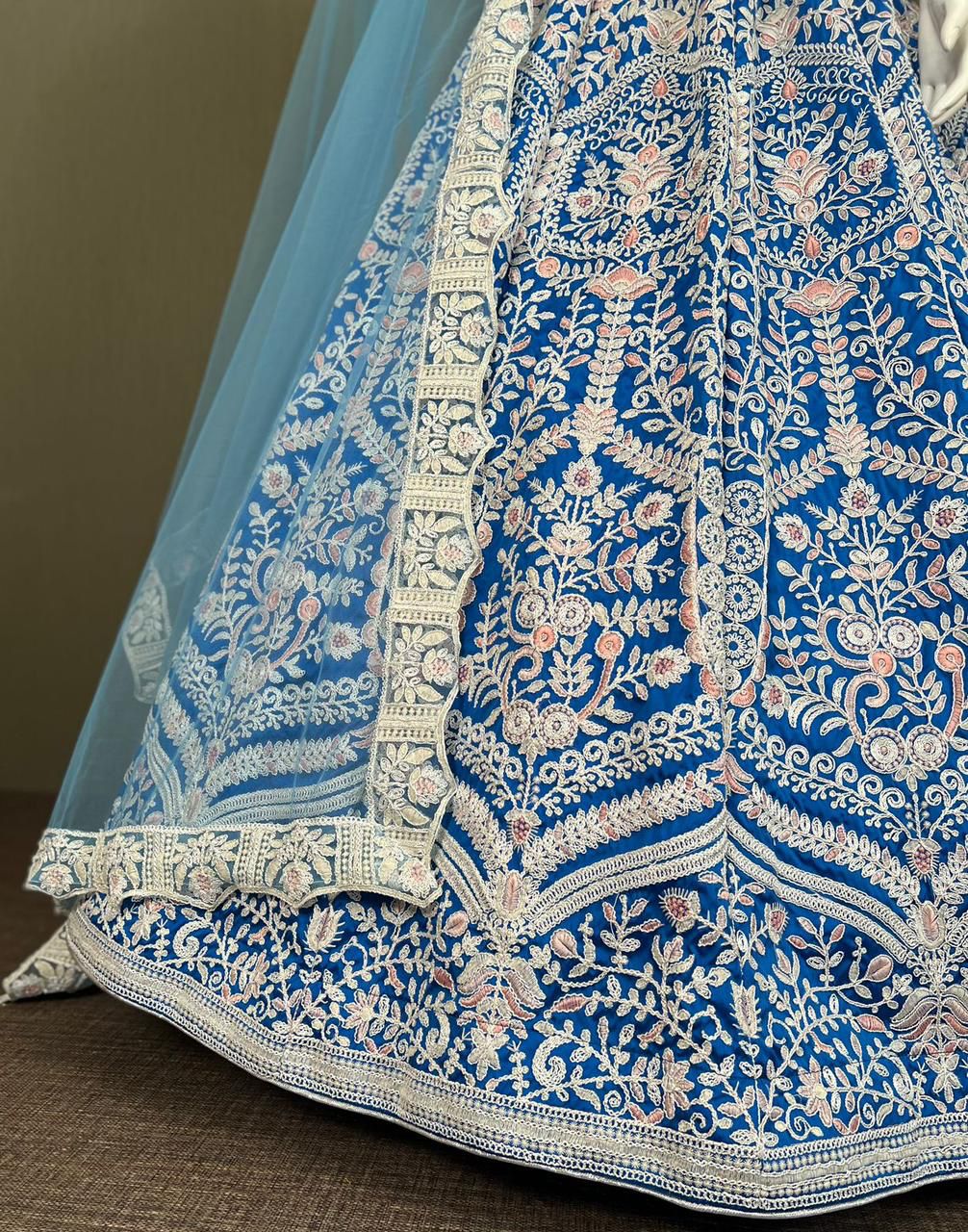 Blue Embroidery Tafeta Silk Lehenga
