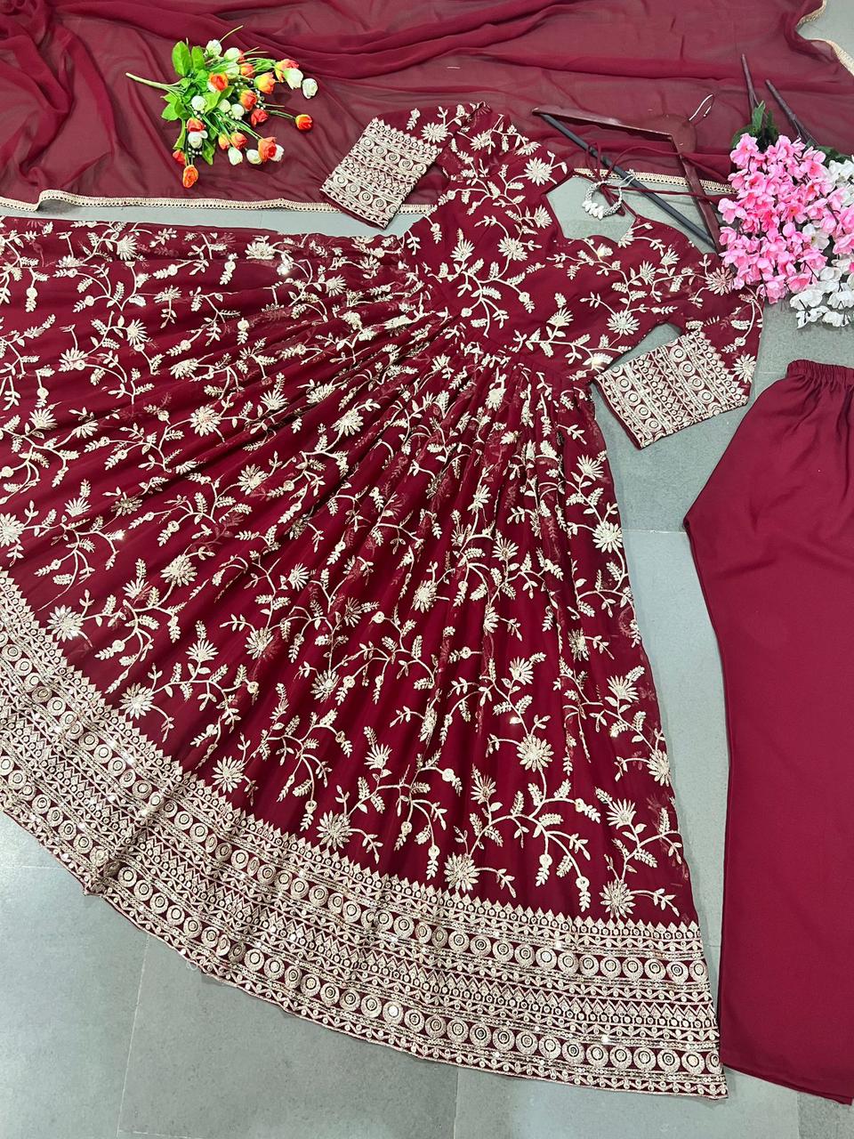 Red Embroidery Sequence Gown/Anarkali Kurti
